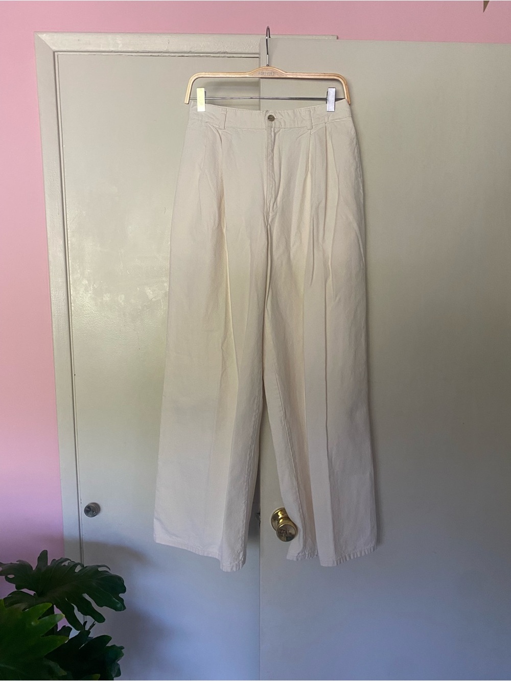 J. Peterman Cotton Wide Leg Cream High-Waist Trousers size 10